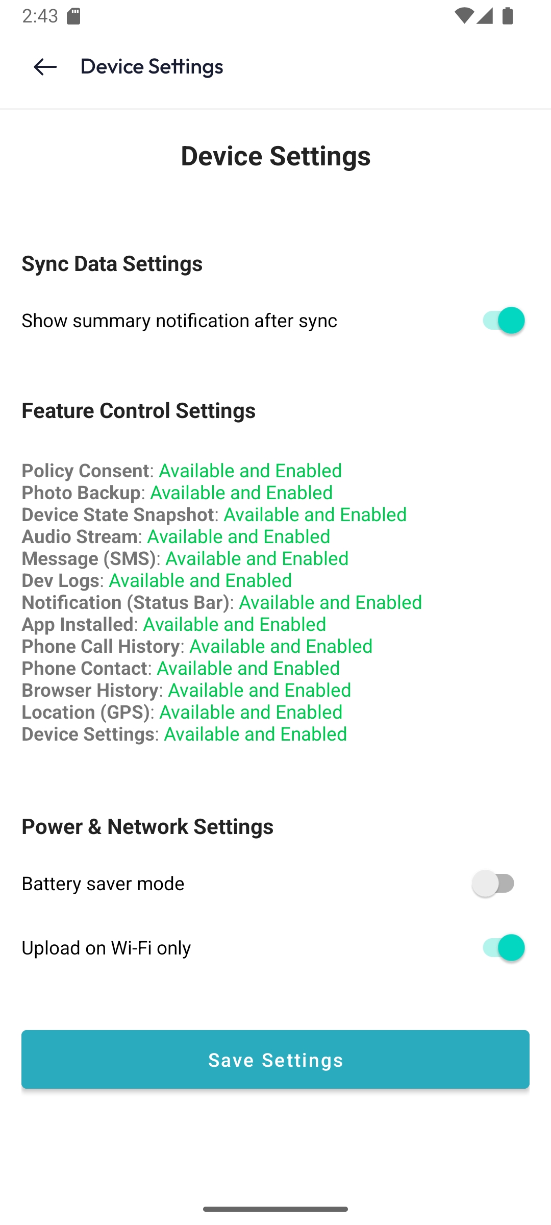 Device Settings on MyPhones app